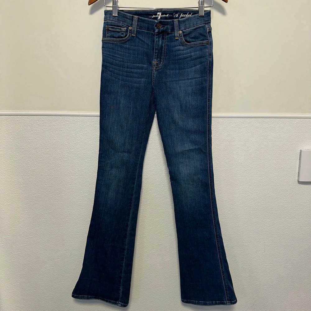 Women's 7 For All Mankind Blue Gold Stitch A Pocket Flare Jeans Size 26 - Picture 3 of 16